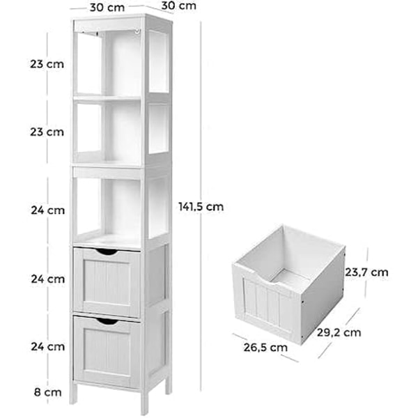 VASAGLE højskabe, badeværelsesskab, opbevaring af badeværelsesredskaber, 30 x 30 x 141,5 cm, hvid