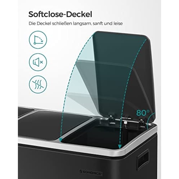 SONGMICS återvinningskärl, 3 x 18 L trippelkök, 3-fack pedalbehållare, svart