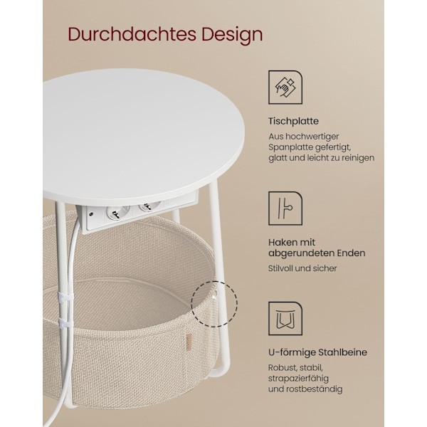 Sofa Bord, Sidebord med Stofkurv, Til Stue, Soveværelse, Natbord, Hvid Og Kamelbrun