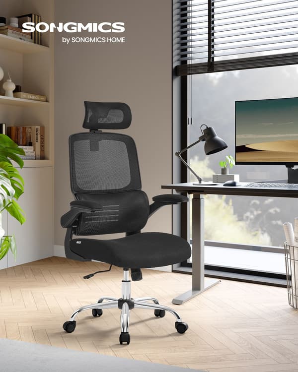 Kontorstol, skrivebordsstol, ergonomisk, sammenklappelige armlæn, højt ryglæn, blæksort