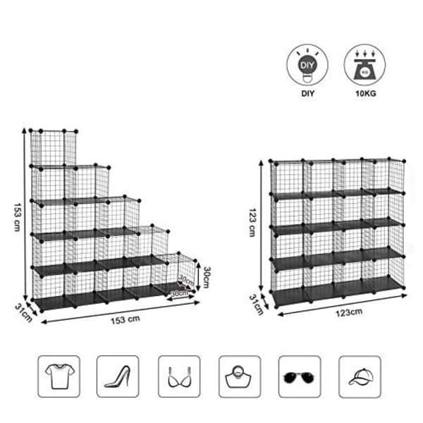 Songmics 16 Cube Metal Wire Storage Organizer, DIY-garderobsskåp och modulära hyllgaller, svart