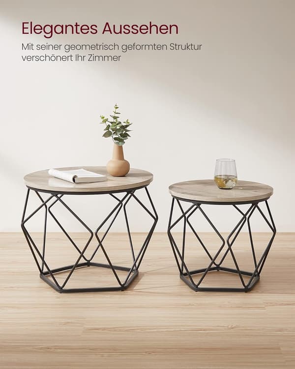 Runt soffbord, set om 2, vardagsrumsbord, sidobord, grå-svart