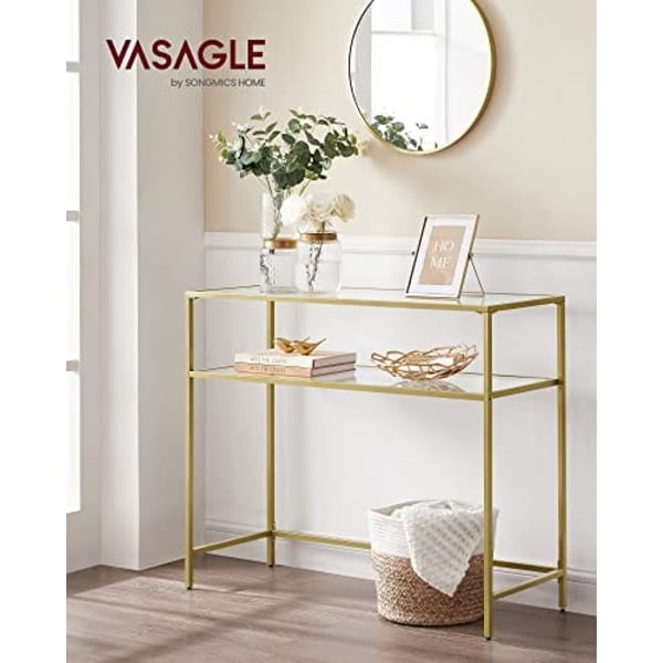 Vasagle -konsolbord, härdat glasbord, modern soffa eller entrébord, guldfärg