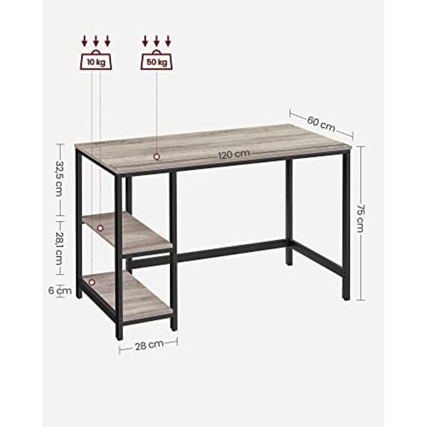 VASAGLE Computerbord, Skrivebord med 2 hylder, Stålramme, Greige og Sort