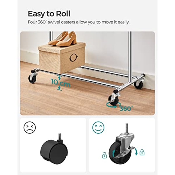Songmics vaaterengon teline pyörillä, raskaat vaaterengot, ulosvedettävällä ripustuskiskollla, hopea