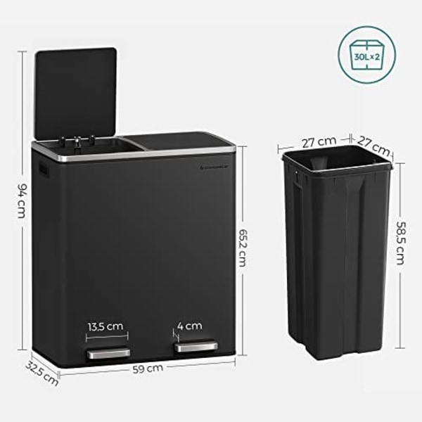 SONGMICS Kaksoisjätesäiliö, 2 x 30L jäte- ja kierrätyskeittiöastia, musta