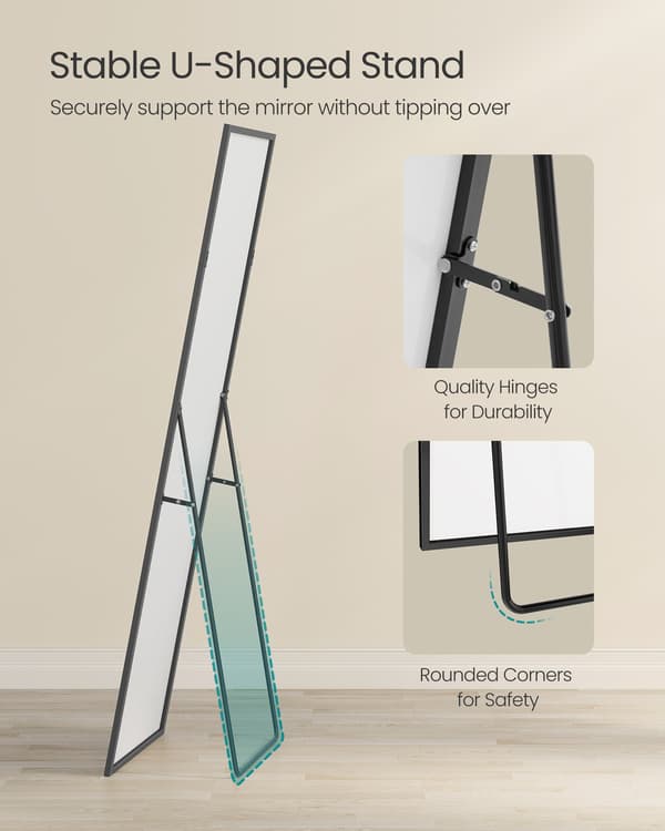 Helkropsspejl, rektangulært, med stativ, ramme i aluminiumslegering