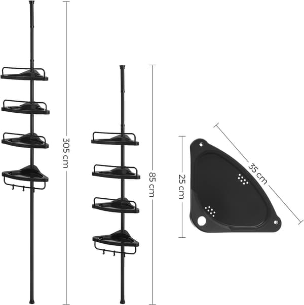 Justerbar hjørnehylde til badeværelset, 85-305 cm, med 4 bakker, 3 kroge, sort