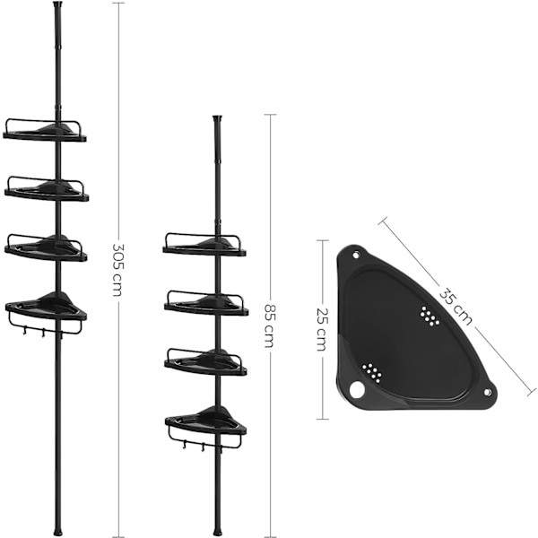 Songmics justerbar hjørnehylde til badeværelse, 85-305 cm, med 4 bakker, 3 kroge, sort