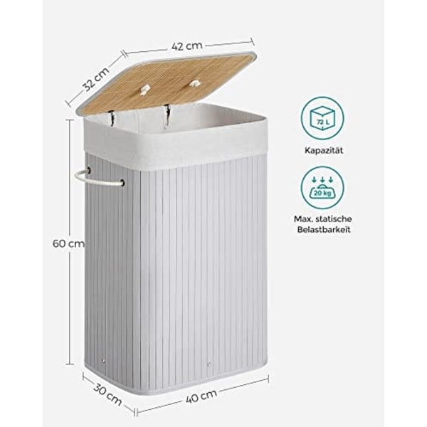 Songmics rektangulær vasketøjskurv, bambus vasketøj med 3 håndtag, 40 x 30 x 60 cm, grå