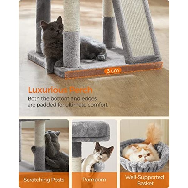 Feandrea Multilevel Cat Tree, 110 cm katttorn, kattlägenhet, ljusgrå