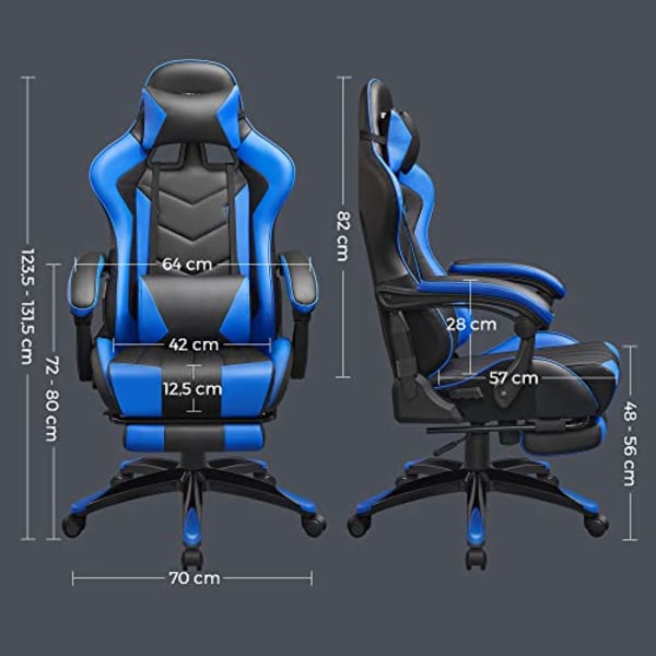 Songmics gaming stol, ergonomisk kontorstol, skrivebordsstol, vippevinkel, sort/blå