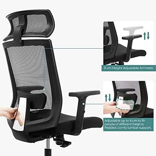 SONGMICS Kontorstol, Skrivebordsstol, Ergonomisk computerstol, 360° drejestol, Sort