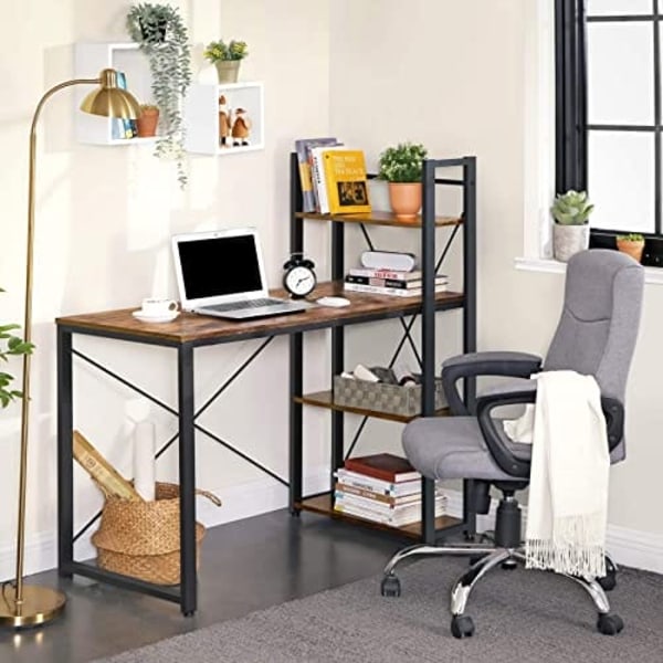 Vasagle computer skrivebord, 120 cm skrivebord med opbevaringshylder, rustikbrun og sort