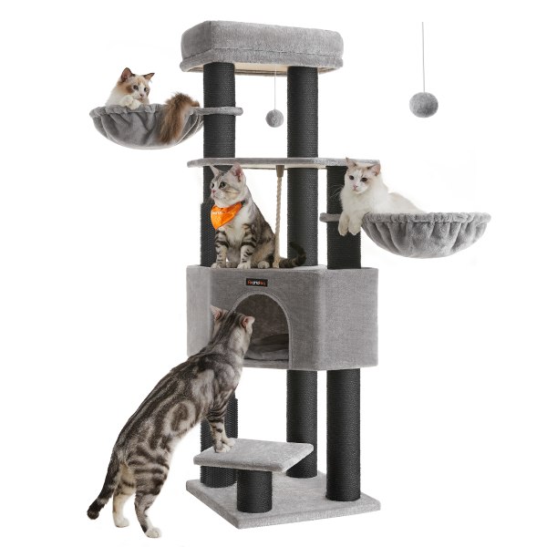 Feandrea kattträd för stora katter, Heavy Duty Cat Tower, 9 skrapstolpar, grått och svart