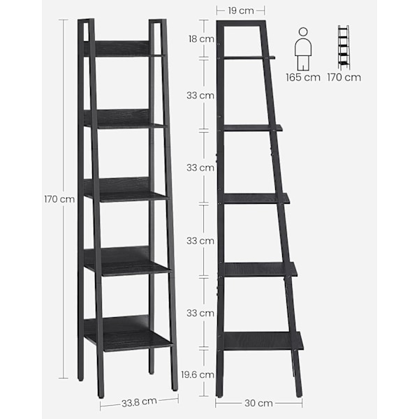 Vasagle stege hyllan, 5-ters smal hylla, bokhylla för hemmakontor, rustik brun och svart