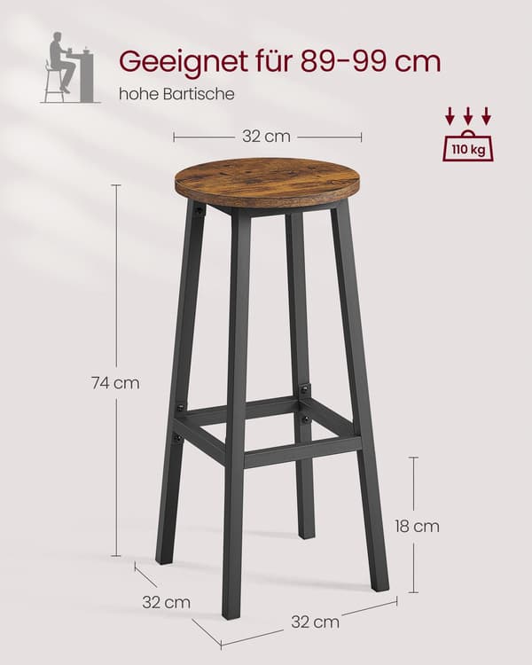 Kökspallar med metallram och fotstöd, höjd 74 cm