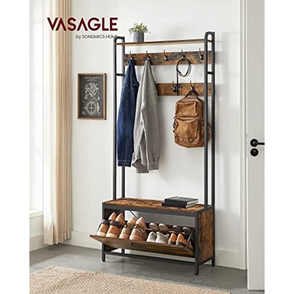 Vasagle Vaaterakeppi kenkäkaapilla, vaatetanko penkillä, vintage ruskea/musta