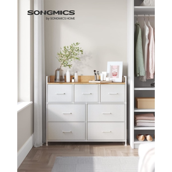 Songmic kommode, garderobeskab, opbevaringsmøbel, 7 skuffer i stof med greb, metalstel, hvid