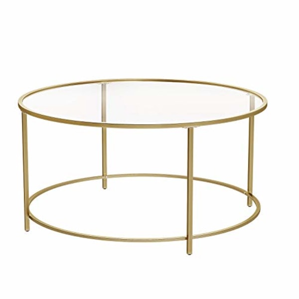 Vasagle rund soffbord, glasbord med stålram, vardagsrumsbord, guld
