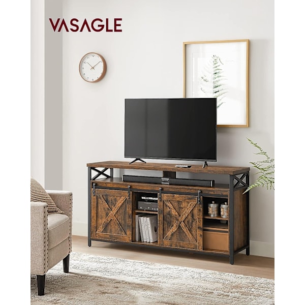 VASAGLE TV-skab, 65 tommer TV-stativ, med justerbare hylder, ladeportdøre, rustik brun og sort