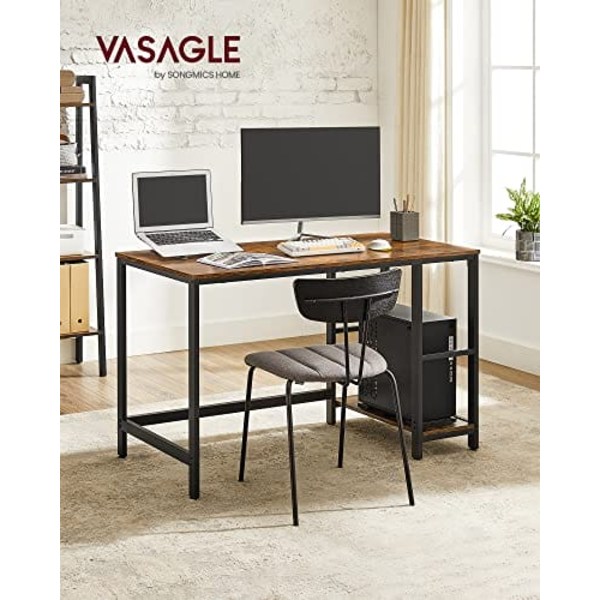 VASAGLE Computerbord, Skrivebord med 2 hylder, Stålramme, rustikbrun og sort