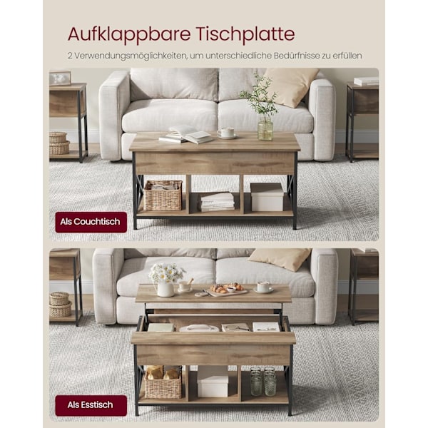 Sofa Bord, Hæve- og Sænkbart Stuebord, Sofabord, Åben Og Skjult Opbevaringsplads, X-stag, 60 X 100 X (48-62) Cm, Kamelbrun/sort
