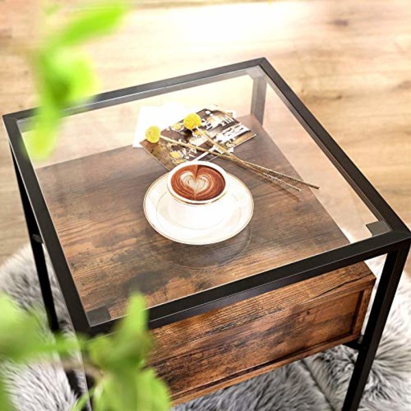 VASAGLE sivupöytä, päätypöytä karkaistua lasia laatikolla ja hyllyllä, rustiikki ruskea ja musta