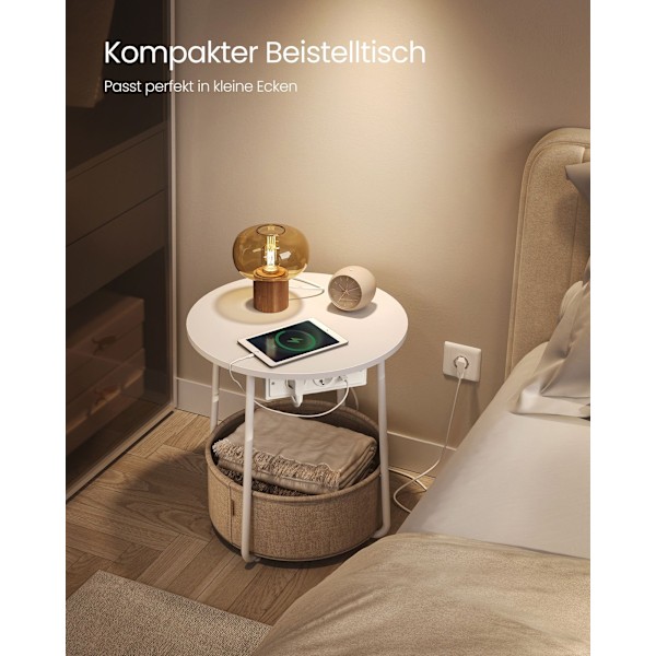 Sofa Bord, Sidebord med Stofkurv, Til Stue, Soveværelse, Natbord, Hvid Og Kamelbrun