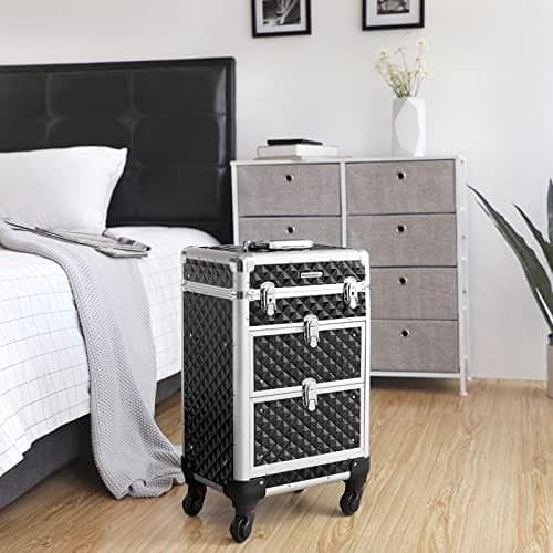 SONGMICS Låsbart sminkfodral, Rolling Cosmetics Beauty Trolley Box, Svart