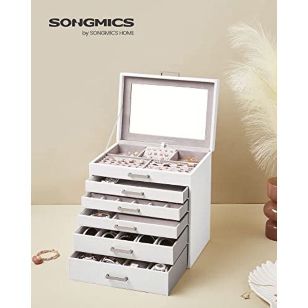 Songmics stort smyckesfodral, med 6 lager och 5 lådor, Vit