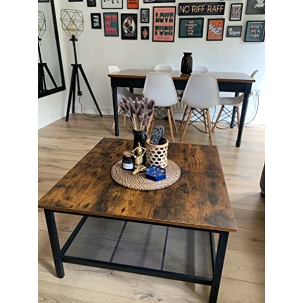 VASAGLE Sohvapöytä, neliönmuotoinen cocktailpöytä tilavalla pöytälevyllä, maalaismainen ruskea ja musta