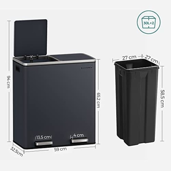 Songmics dobbelt skraldespand, 2 x 30 L dobbelt rumssæt