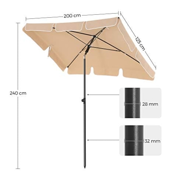 SONGMICS Rektangulär balkongparasoll 2 x 1,25 m, bärväska, trädgårdsterrass, taupe