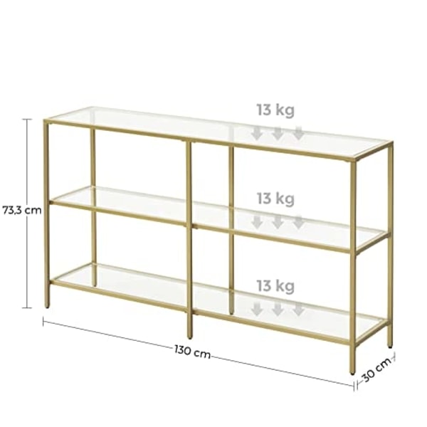 VASAGLE konsolbord, soffbord med 3 hyllor, hylla i härdat glas, guldfärg