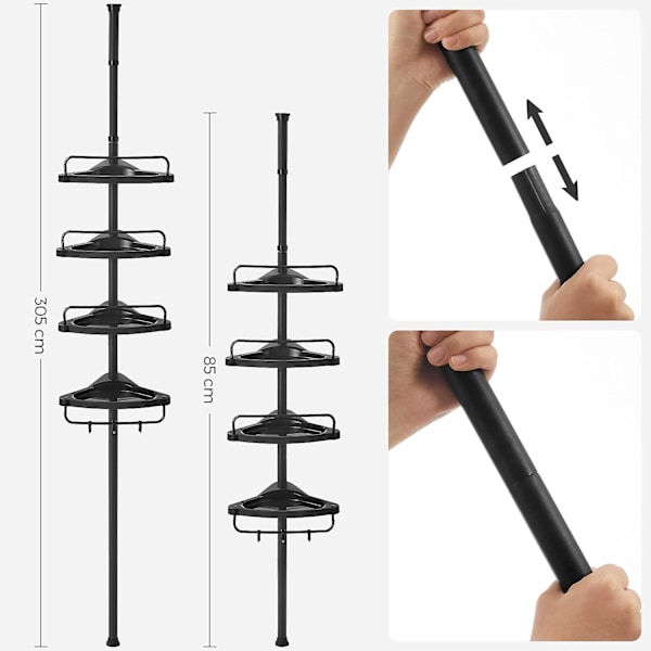 Songmics justerbar hjørnehylde til badeværelse, 85-305 cm, med 4 bakker, 3 kroge, sort