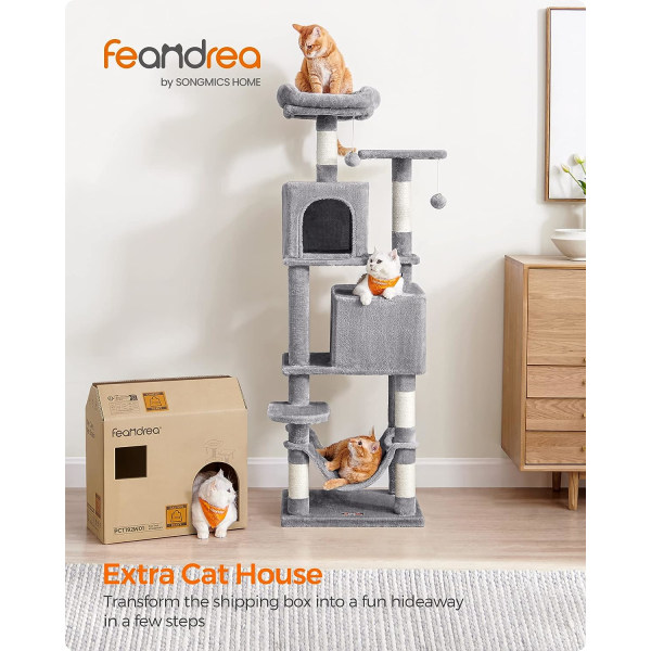 Feandrea kattetræ, 155 cm kattetårn til indendørs katte, 2 huler, hængekøje, lysegrå