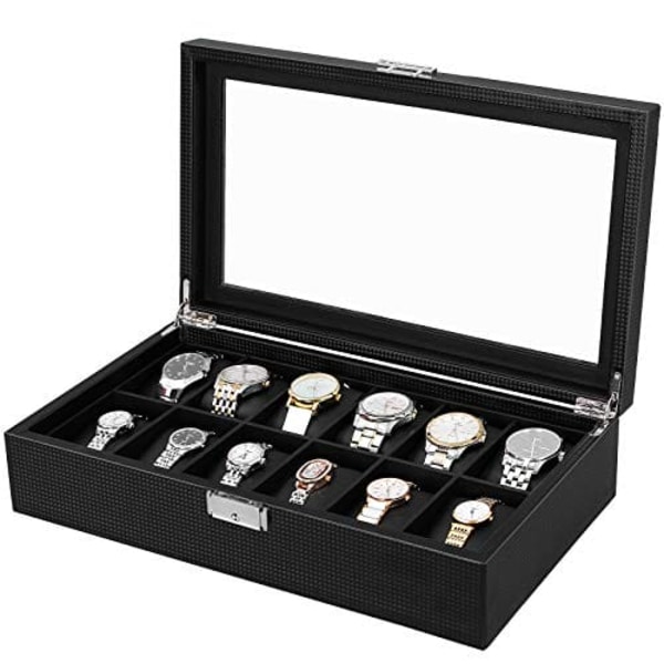 Songmics 12 rum, stort urkasse med glaslåg, 36,2 x 9 x 21,3 cm, sort