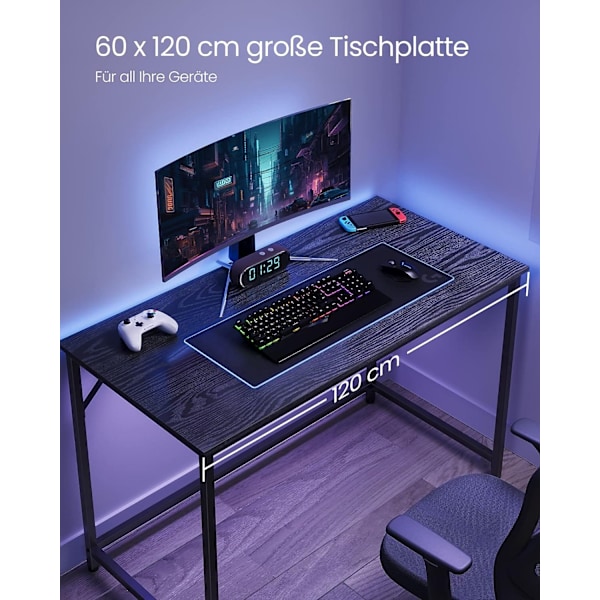 Vasagle skrivebord, lille computerbord, skrivebord, 60 x 120 x 75 cm, metalram, sort