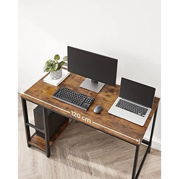 VASAGLE Computerbord, Skrivebord med 2 hylder, Stålramme, rustikbrun og sort