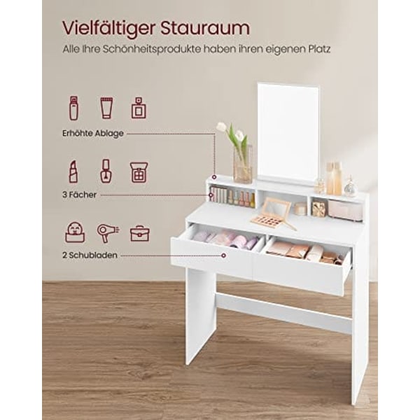 VASAGLE Sminkbord med stort rektangulært spejl, hvid