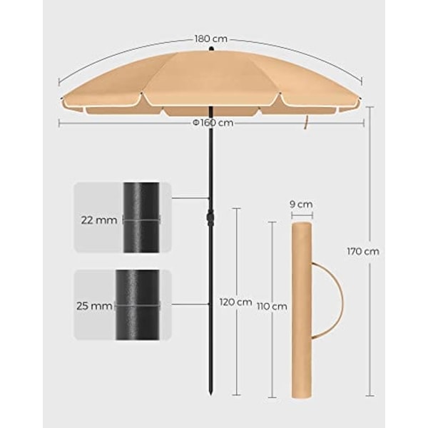 SONGMICS 1,6 m strandparaply, Parasol UPF 50+, solbeskyttelse, bærbar, taupe