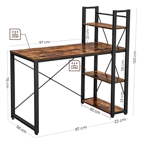 Vasagle computer skrivebord, 120 cm skrivebord med opbevaringshylder, rustikbrun og sort