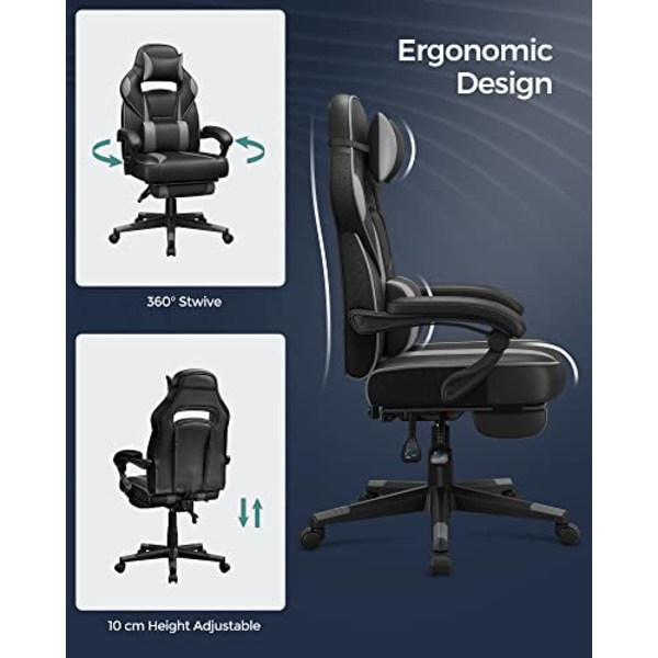 Songmics Gaming Chair, Skrivebordsstol med fodstøtte, kontorstol sort + grå