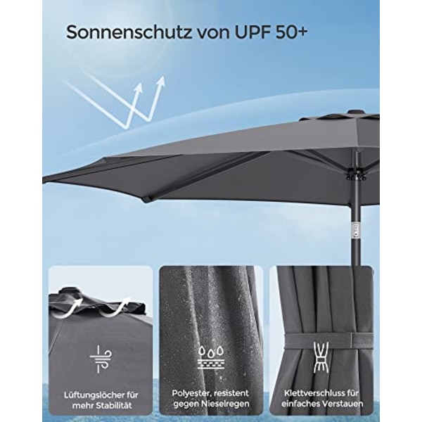 SONGMICS 290 cm Haveparasol paraply, UPF 50+, solbeskyttelse, 30° hældning, Grå