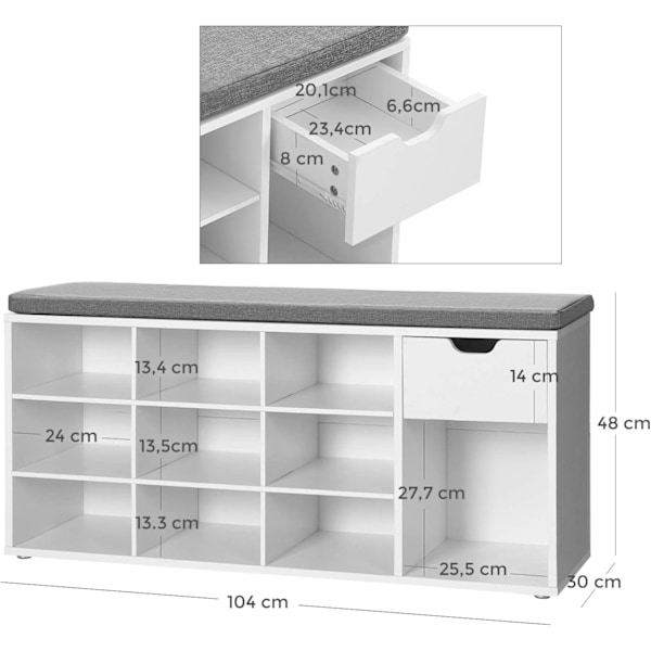 VASAGLE skobänk, förvaringsbänk med 10 öppna och 1 stängda fack, vadderad, vit och grå