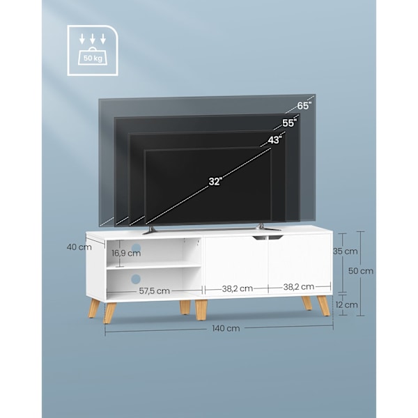 TV-skab til TV op til 65 tommer, 140 cm bredt TV-bord med 2 døre, hvid