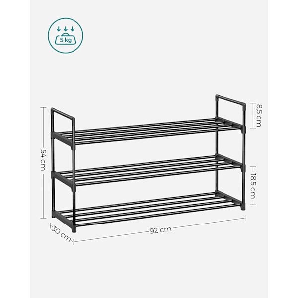 Songmics 3-lags skoreol, skoopbevaringsenhed, metalopbevaringsstativ, 30 x 92 x 54 cm, sort