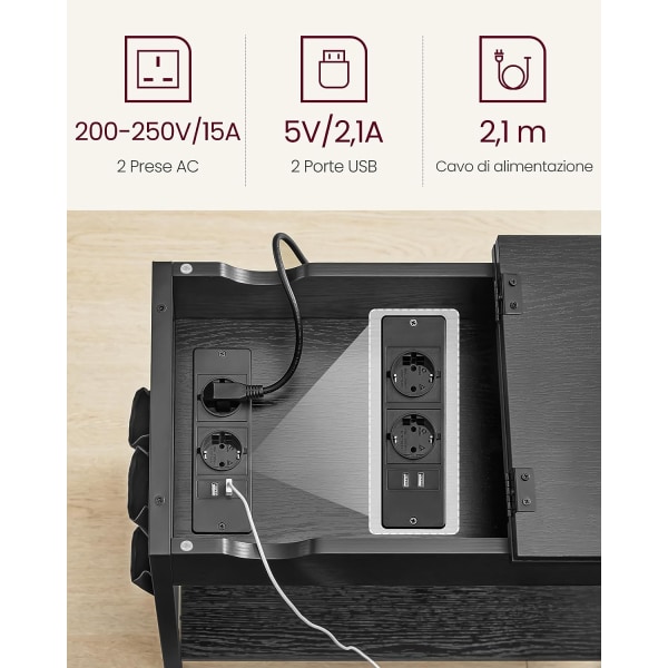 Vasagle sidobord med kraftremsa, med USB -portar, nattduksbord, svart träeffekt