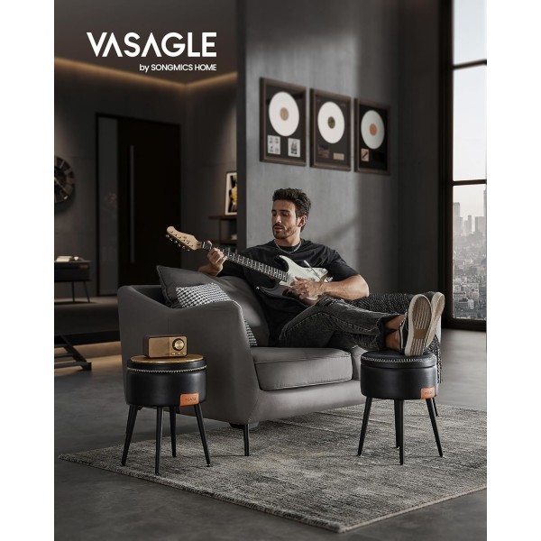 VASAGLE Storage Ottoman, Vanity Chair Pall, Rund Storage Seat, Laster 330 lb, Ink Svart
